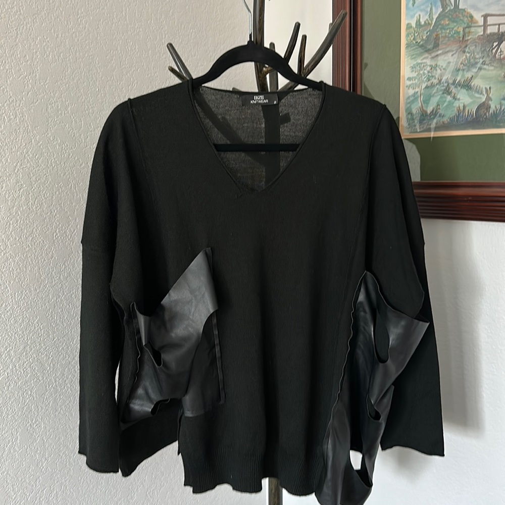 Bize Asymmetrical Wool Blend and Vegan Leather Sweater Size 2